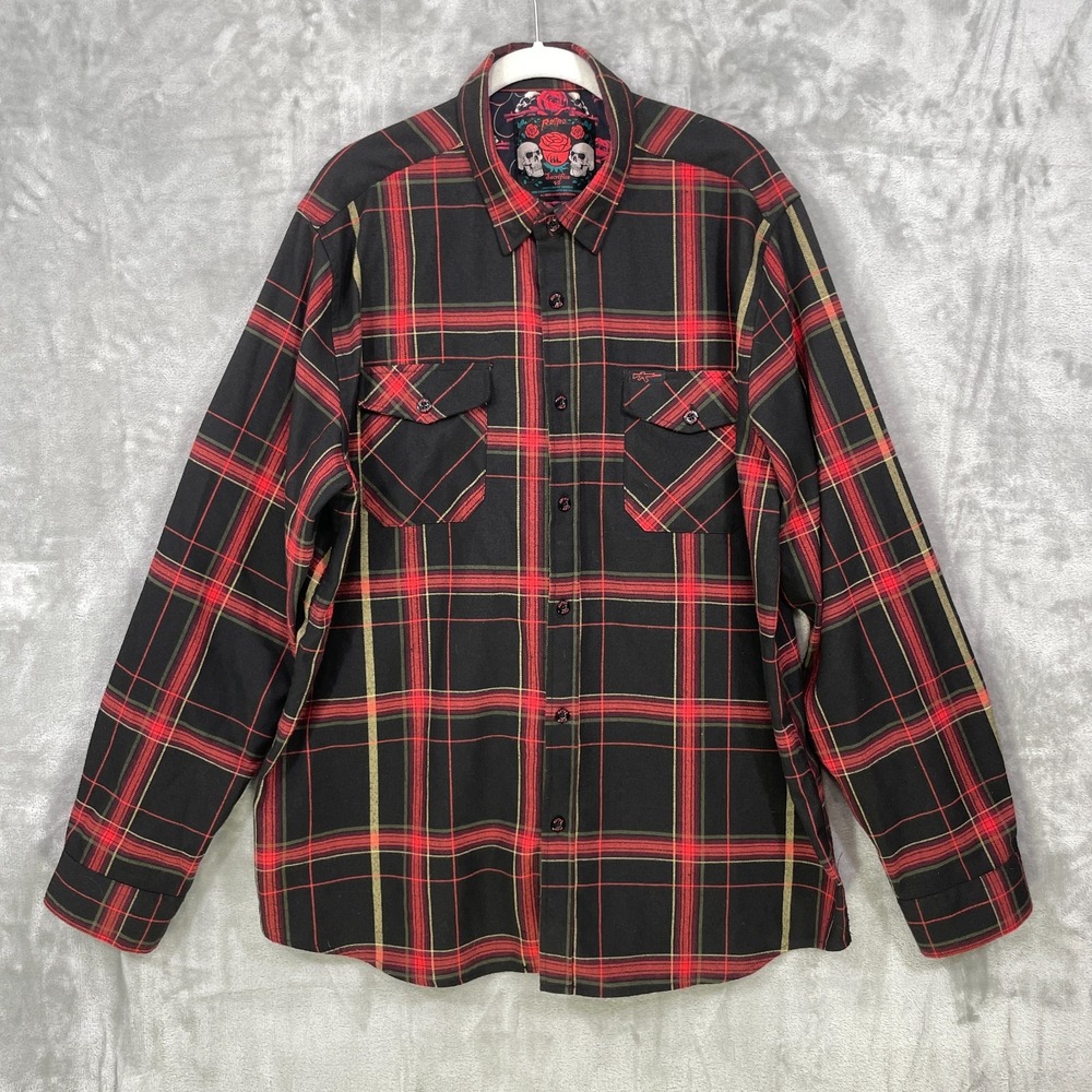 Retro Rifle Men's XL Plaid Flannel Button-Up Shirt Sacrifice V2 Red Skulls